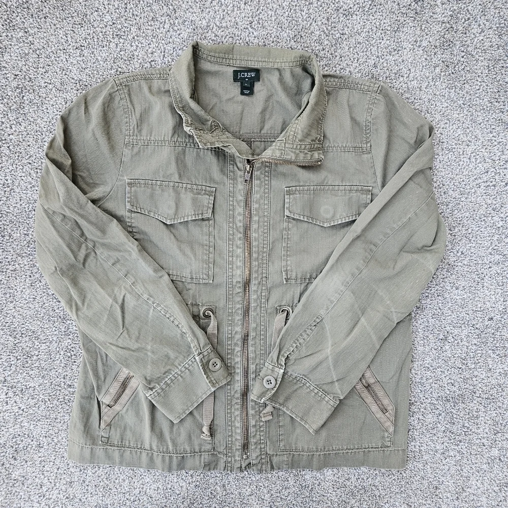 J Crew Military Field Jacket Olive Green Pockets Zip Up Cinch Waist Womens Large